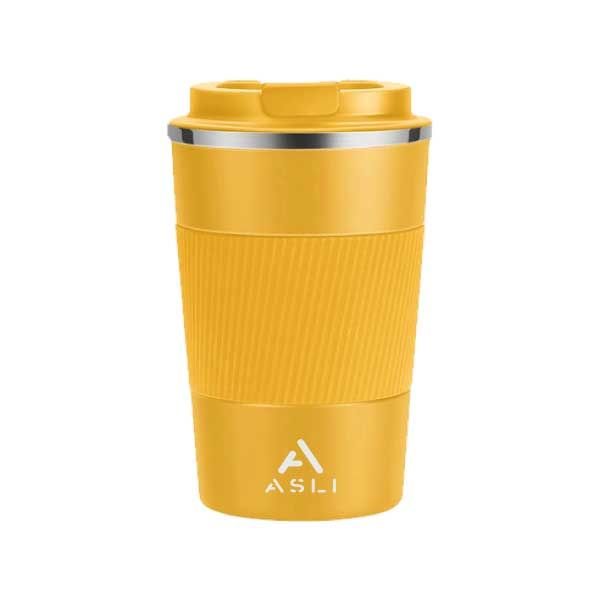 كوب من أسلي جلوبال 380 مل مصنوع من الفولاذ المقاوم للصدأ عازل للحرارة مع حافظة مضادة للانزلاق | أصفر