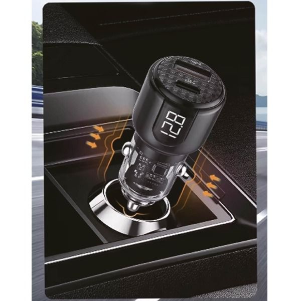 شاحن سيارة بتصميم شفاف جزئيًا من أسلي جلوبال 75 واط PD مع تقنية 2 منفذ USB - شاشة LED|رمادي