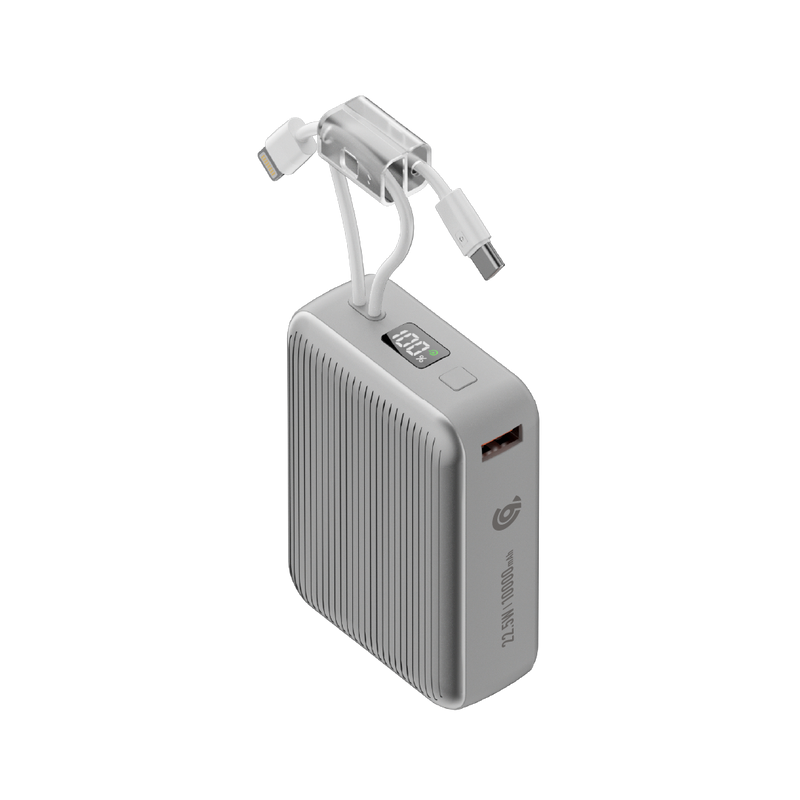 باور بانك من 90% percent بسعة 22.5 واط، مزود بكابلين مدمجين | Usb-C & Usb-A, And With Lightning | رمادي