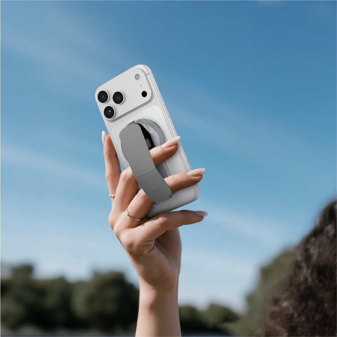 ASLI Magnetic Band Leather Grip & Foldable Stand 2-in-1 Functional Design | Silver