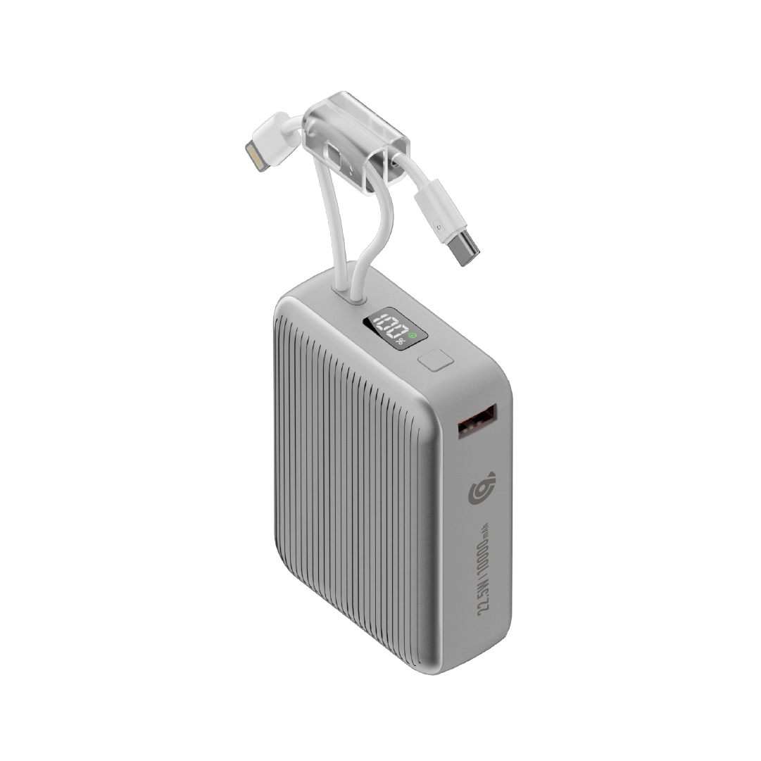 باور بانك من 90% percent بسعة 22.5 واط، مزود بكابلين مدمجين | Usb-C & Usb-A, And With Lightning | فضي