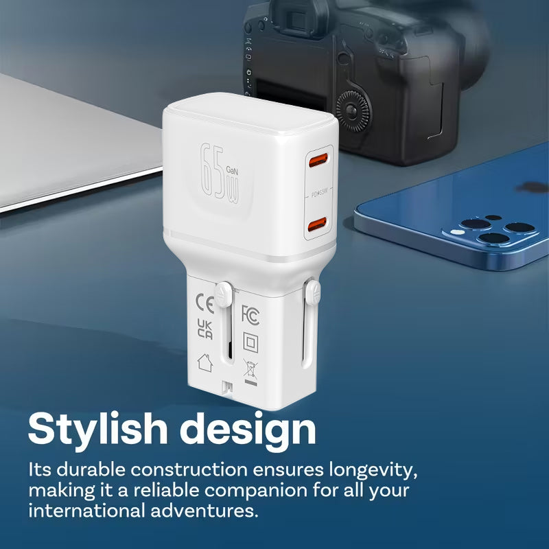 LZEL TravelPro Series Dual Port GaN Travel Wall Charger 65W I Dual Type-C Output I Global compatibility