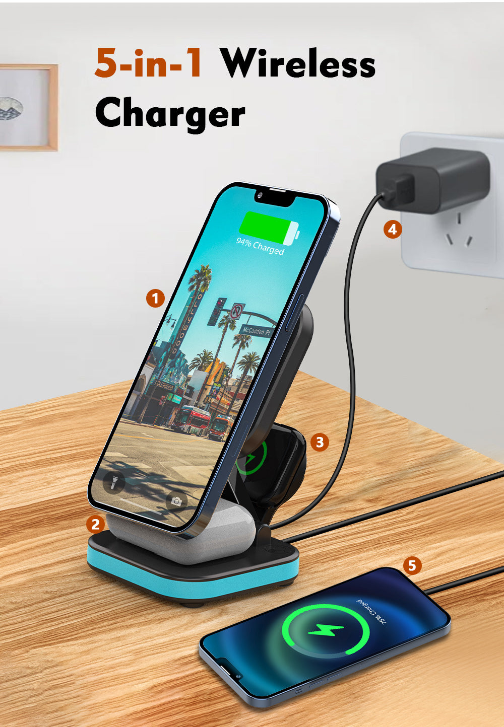 Magnexus شاحن لاسلكي من ليزل 5 في 1 لاسلكي مغناطيسي، شحن سريع بقوة 15 واط، منفذ USB-C