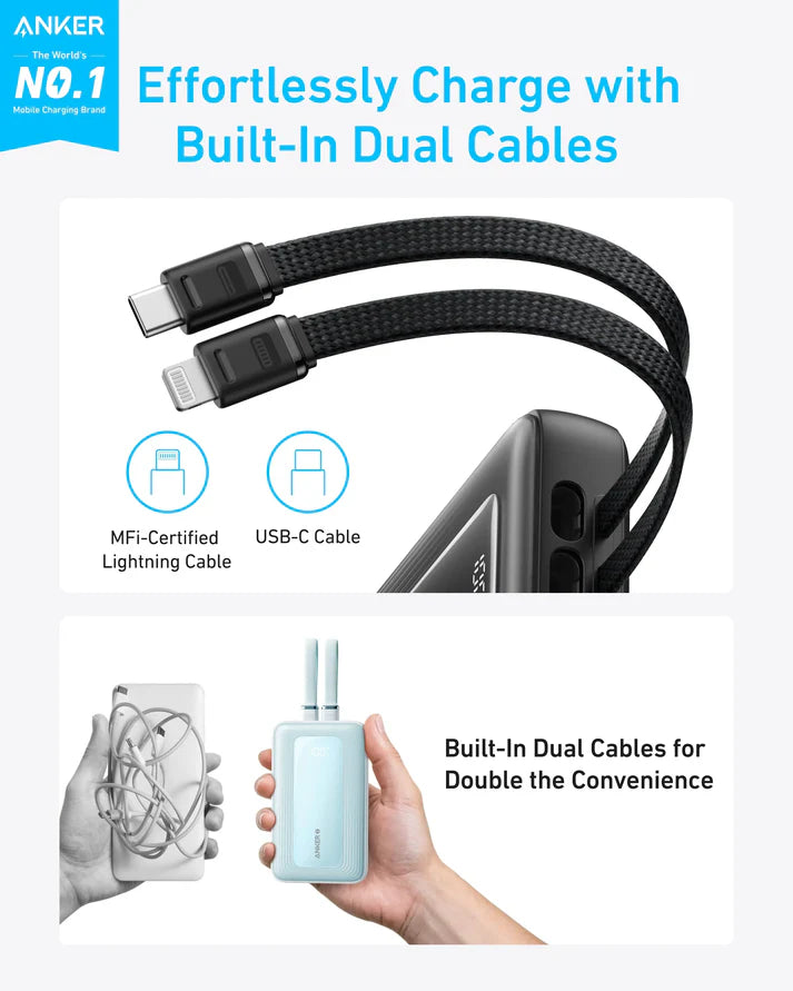 شاحن متنقل Zolo (20K، 30 واط، مع كابلات USB-C وLightning مدمجة) من Anker | أسود