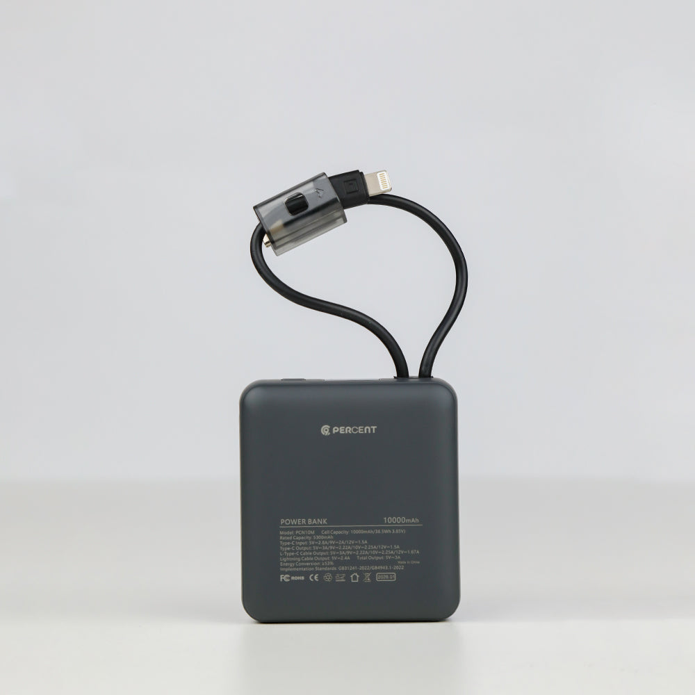 90 Percent Primcore Neo Power Bank – 10000mAh, 22.5W, Dual Built-In Cables, Power Delivery, QC 3.0, USB-C & Lightning