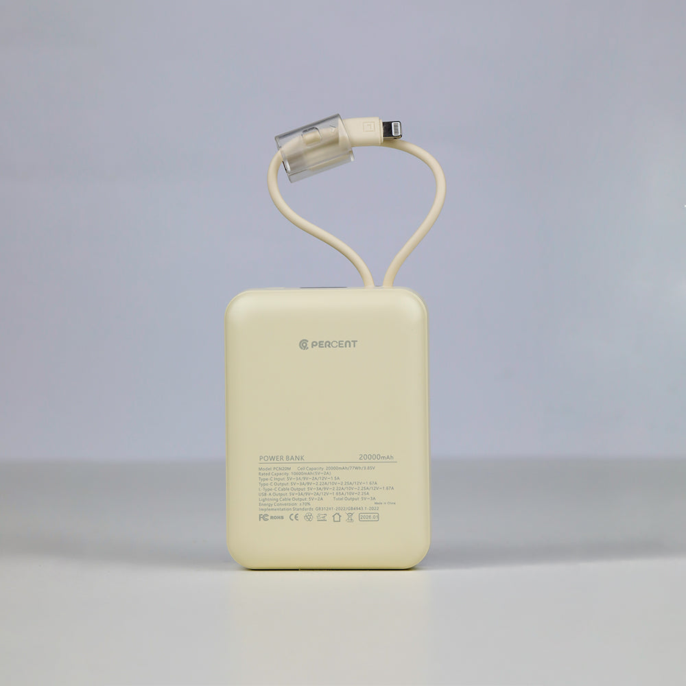 90 Percent Primcore Neo Power Bank – 20000mAh, 22.5W, Dual Built-In Cables, Power Delivery, QC 3.0, USB-C, USB-A & Lightning