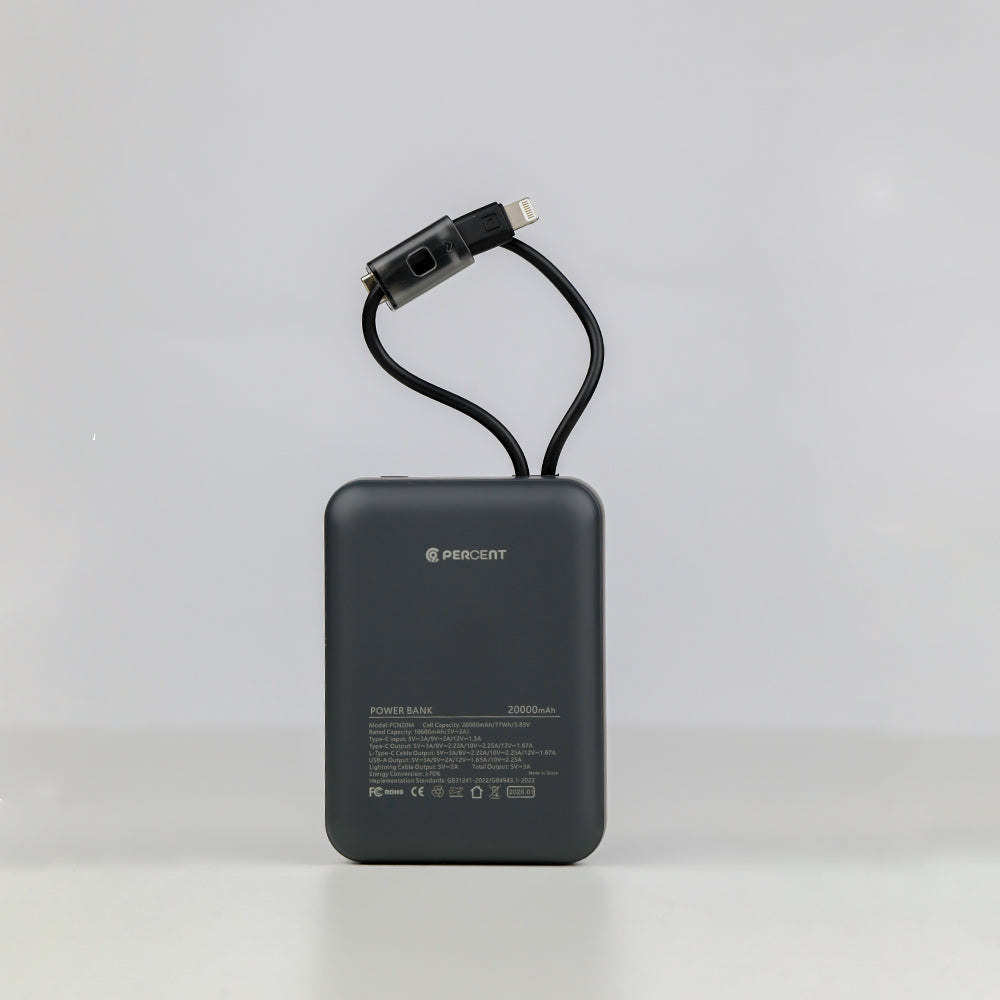 90 Percent Primcore Neo Power Bank – 20000mAh, 22.5W, Dual Built-In Cables, Power Delivery, QC 3.0, USB-C, USB-A & Lightning