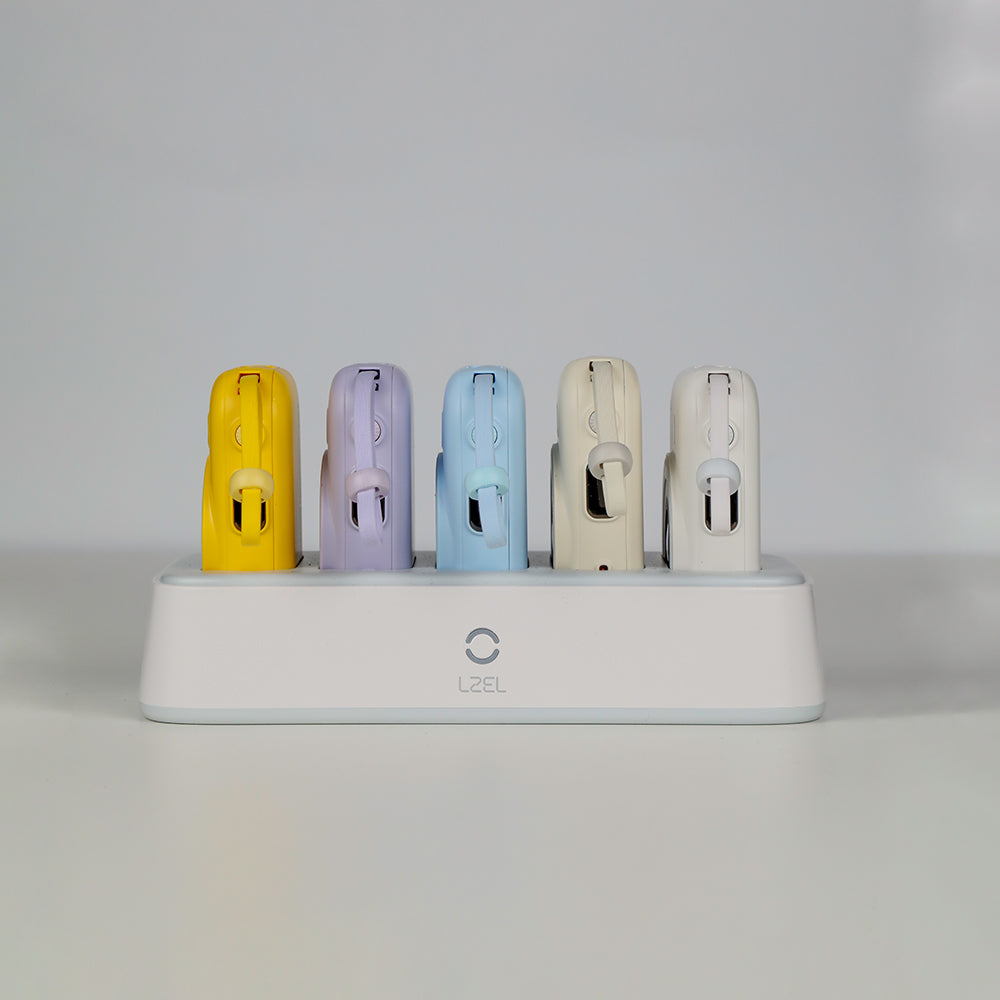 LZEL PentaEnergia Station - 5X 10,000mAh Wireless Power Bank Charging Dock with Colorful Batteries & Built-in Cable | White