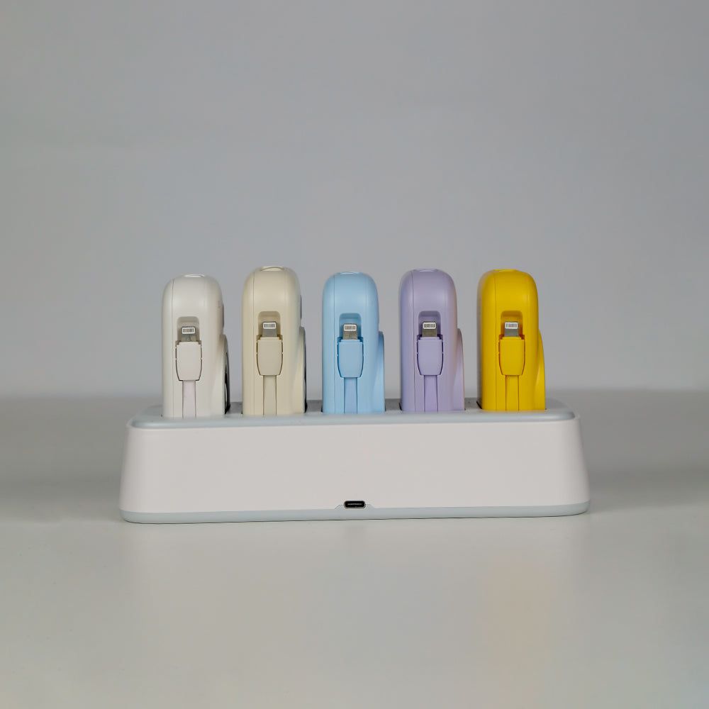 LZEL PentaEnergia Station - 5X 10,000mAh Wireless Power Bank Charging Dock with Colorful Batteries & Built-in Cable | White