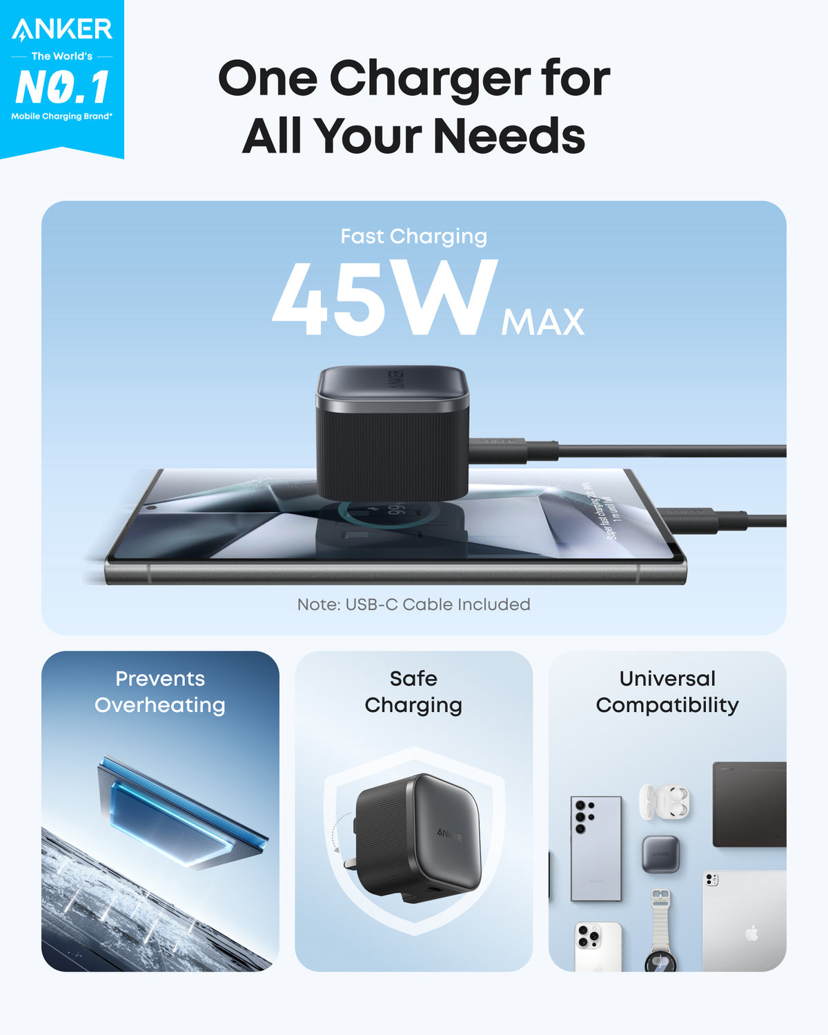 شاحن ANKER Nano بقدرة 45 واط – شحن سريع مع كابل USB-C إلى USB-C | أسود