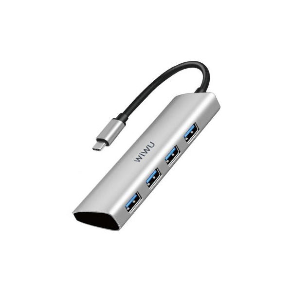 WiWU Alpha محول  4 في 1 بمنفذ USB-C طراز A440 و هيكل من سبائك الألومنيوم مع 4 منافذ USB 3.0 | فضي