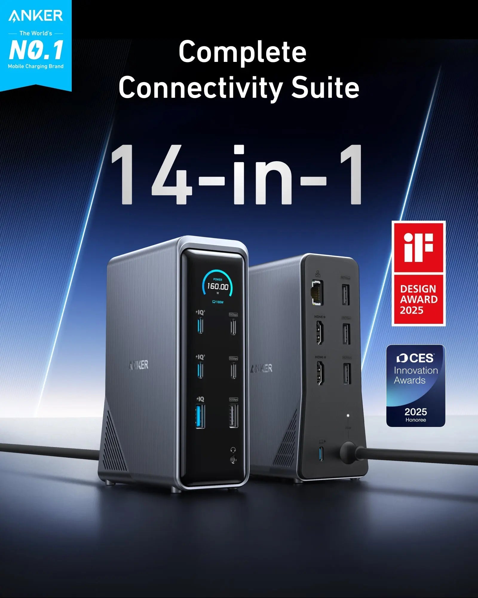 محطة شحن وتوصيل Anker Prime ‏14 في 1 بقدرة إخراج قصوى 160 واط ودعم شاشتين بدقة 4K | رمادي