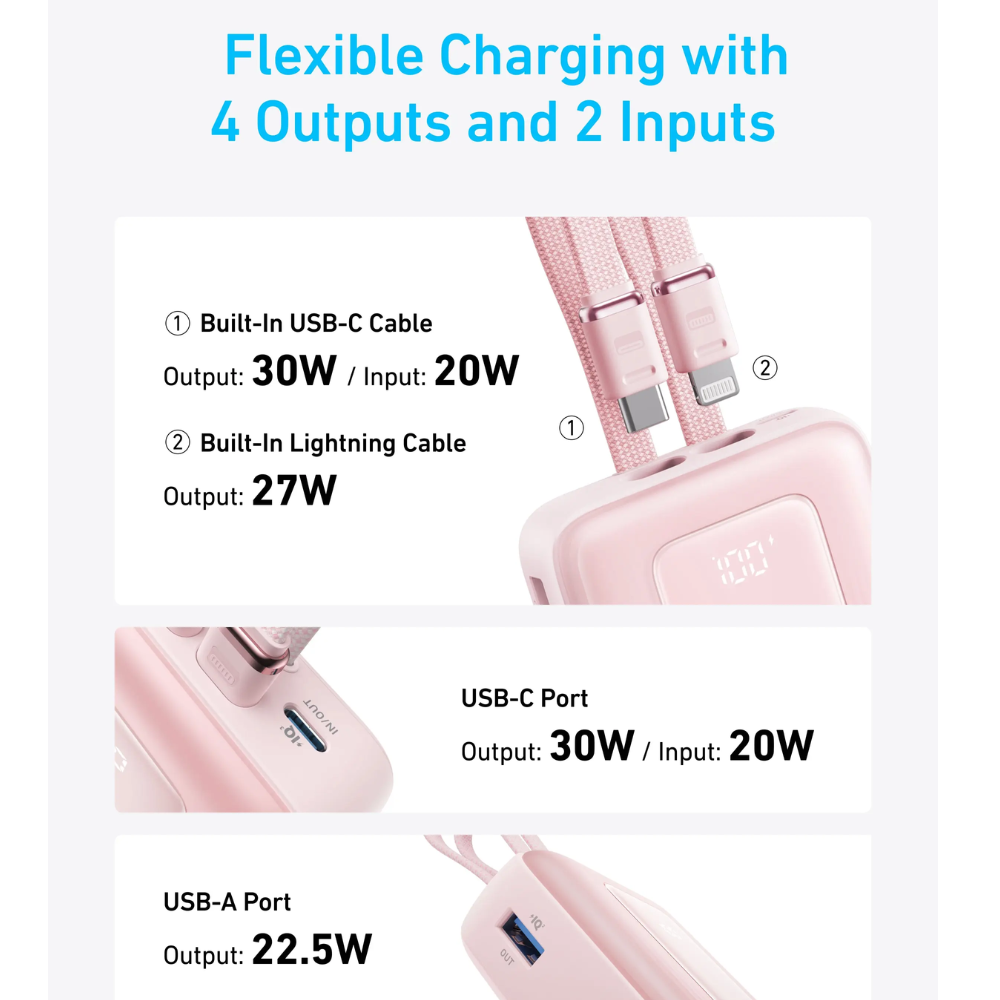 شاحن متنقل Zolo (20K، 30 واط، مع كيبل USB-C وLightning مدمجة) من Anker | وردي
