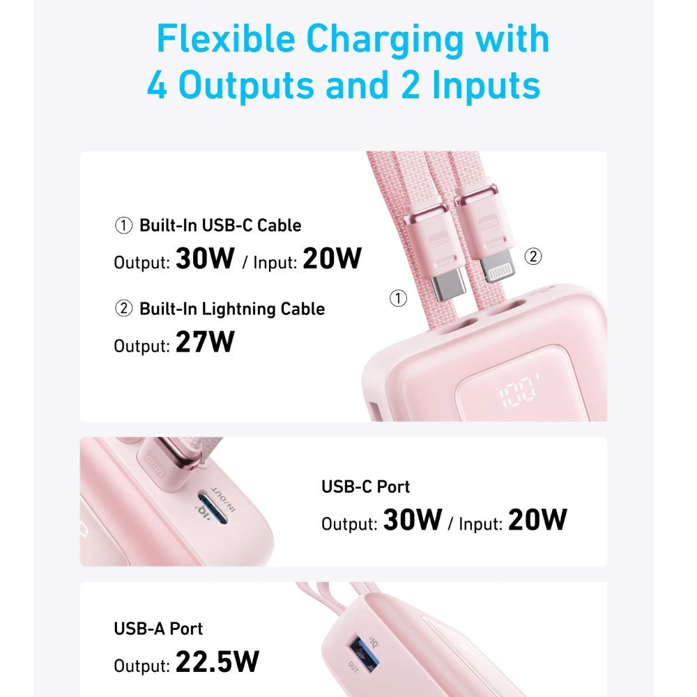 Anker Zolo Power Bank (20K, 30W, Built-In USB-C and Lightning Cable) Pink