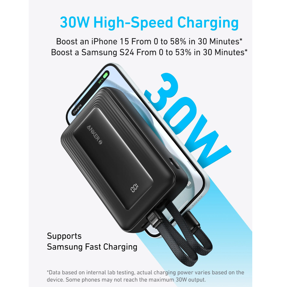 شاحن متنقل Zolo (20K، 30 واط، مع كيبل USB-C وLightning مدمجة) من Anker | وردي