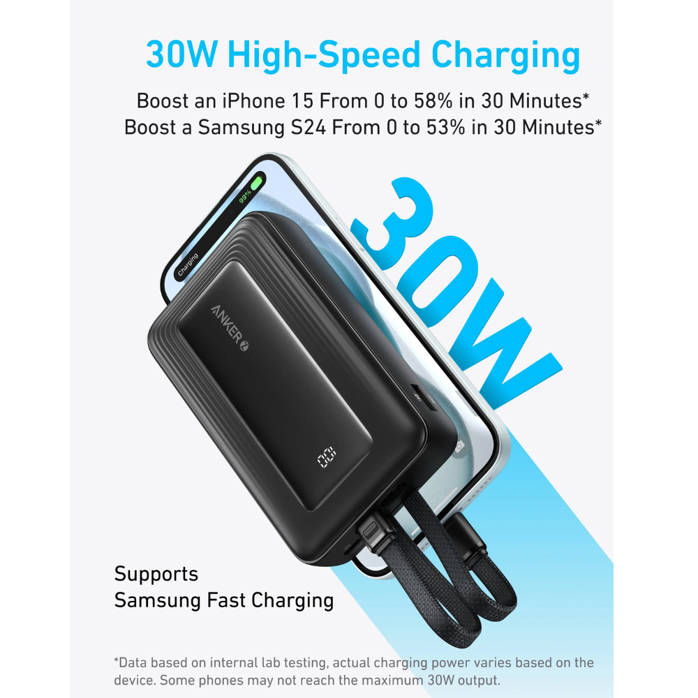 Anker Zolo Power Bank (20K, 30W, Built-In USB-C and Lightning Cable) Black