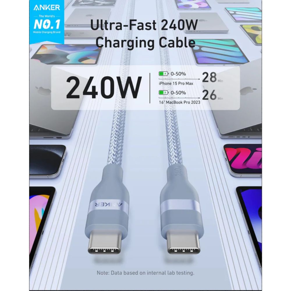 Anker USB-C to USB-C Cable 240W – Upcycled Braided, 0.9m (3ft), Fast Charging | Blue