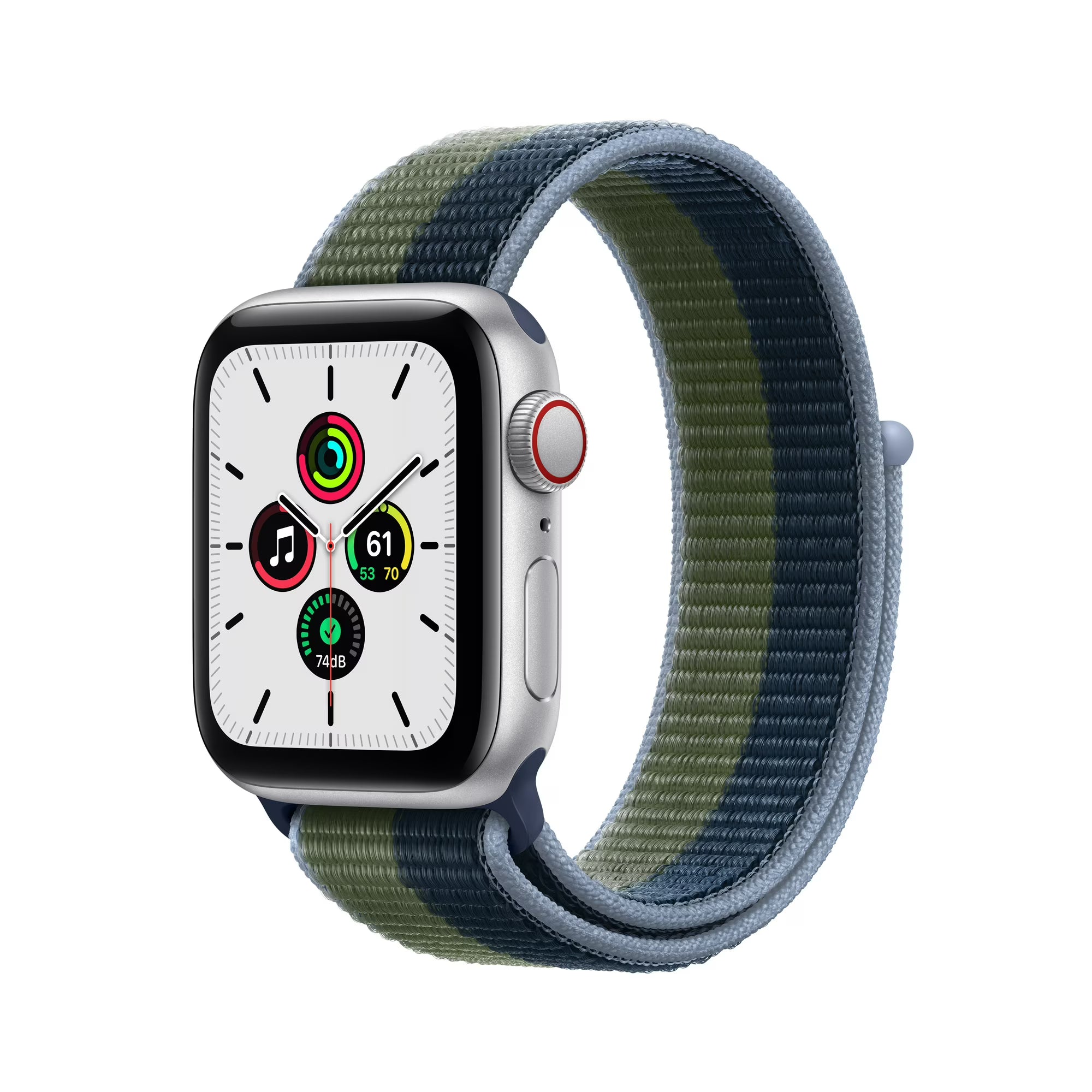 ساعة آبل واتش اس إي - GPS + Cellular - مقاس 44 ملم - بهيكل من الألومنيوم الفضي مع سوار Sport Loop بلون Abyss Blue/Moss Green