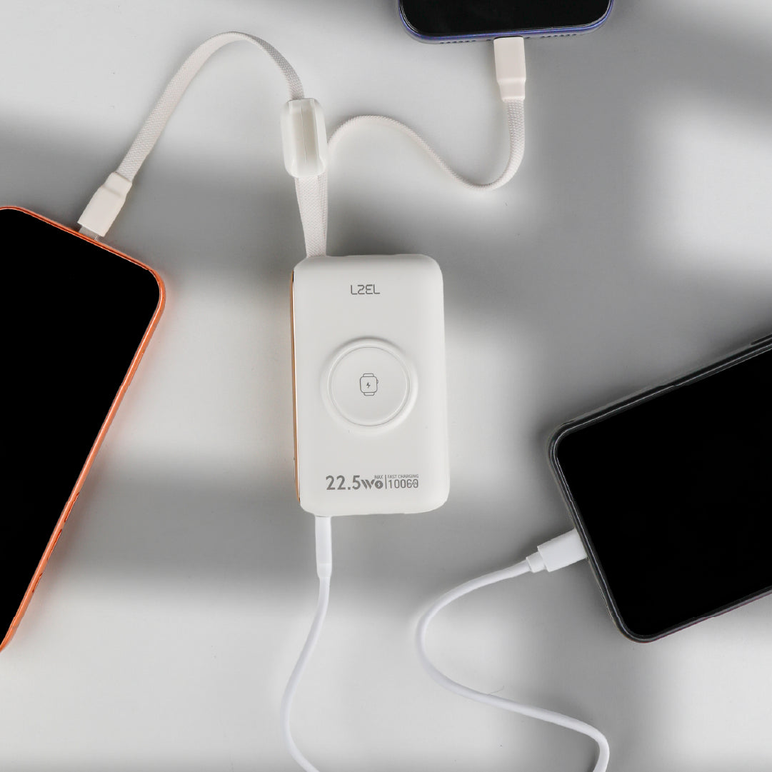 باور بانك LZEL Ampflow10 Mini – سعة 10000 مللي أمبير | شحن سريع 22.5 واط | كابلات مدمجة Type-C و Lightning | شحن لاسلكي