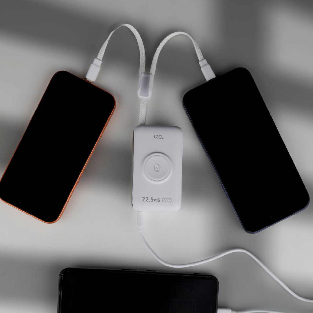 باور بانك LZEL Ampflow10 Mini – سعة 10000 مللي أمبير | شحن سريع 22.5 واط | كابلات مدمجة Type-C و Lightning | شحن لاسلكي