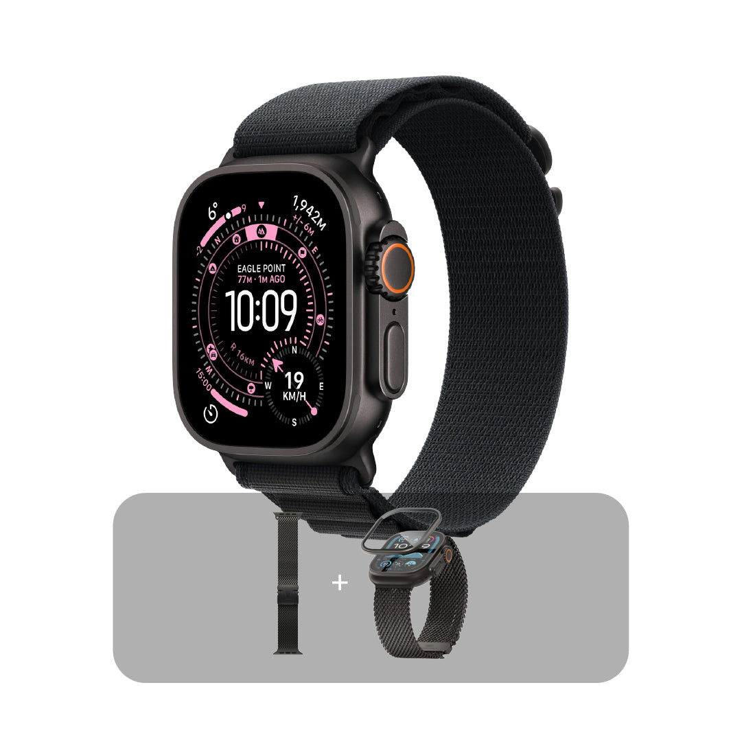 ساعة Apple Watch Ultra 3 (2025) GPS + Cellular، مقاس 49 ملم - بهيكل من التيتانيوم الأسود - وسوار Alpine Loop أسود | M + عرض الباندل