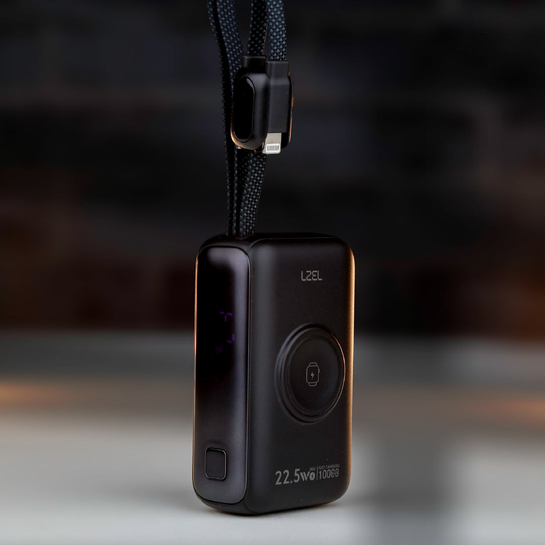 باور بانك LZEL Ampflow10 Mini – سعة 10000 مللي أمبير | شحن سريع 22.5 واط | كابلات مدمجة Type-C و Lightning | شحن لاسلكي