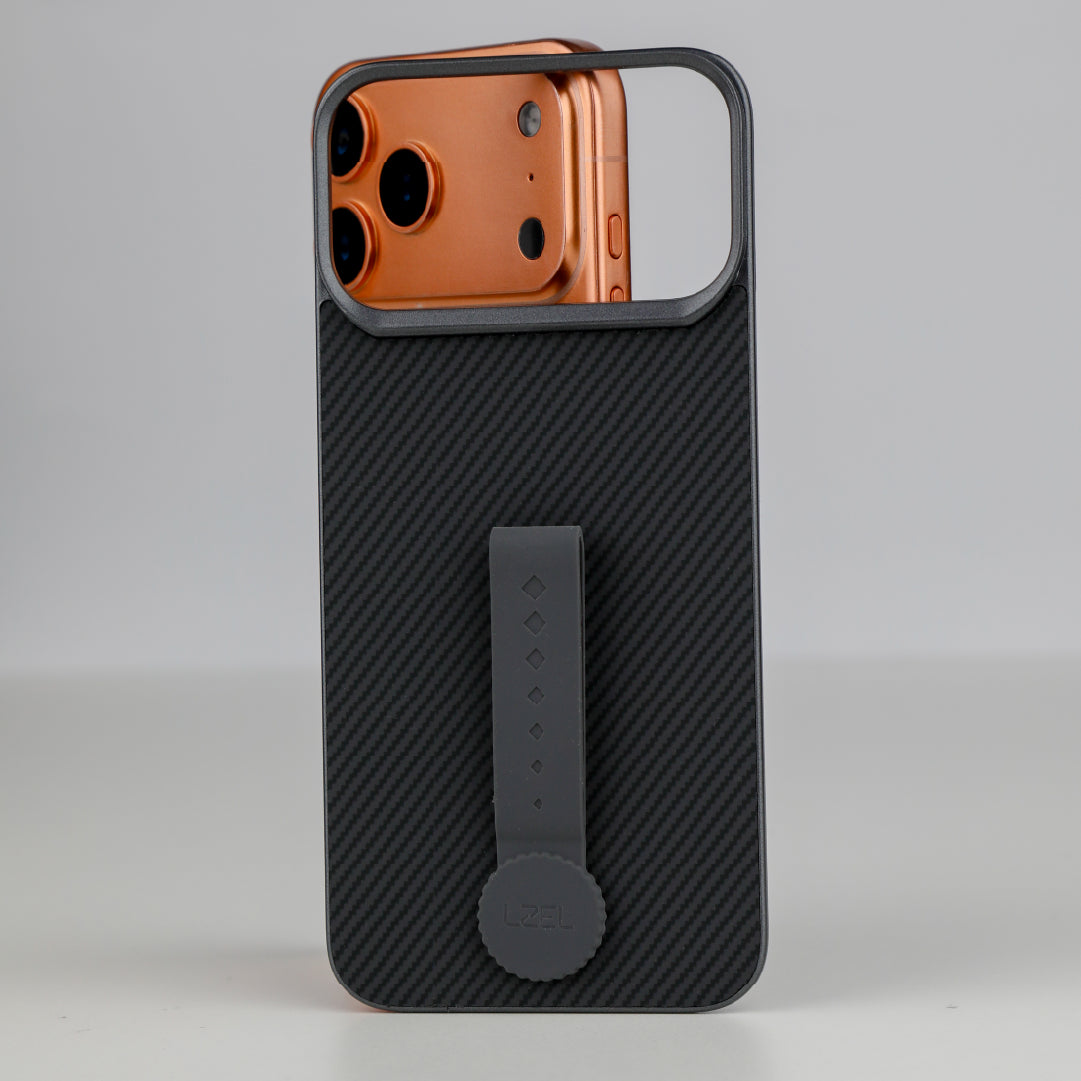 LZEL MagCarbon Strap Carbon Design with 360° Grip and Raised-Edge Protection Back Cover for iPhone 17 Pro Max