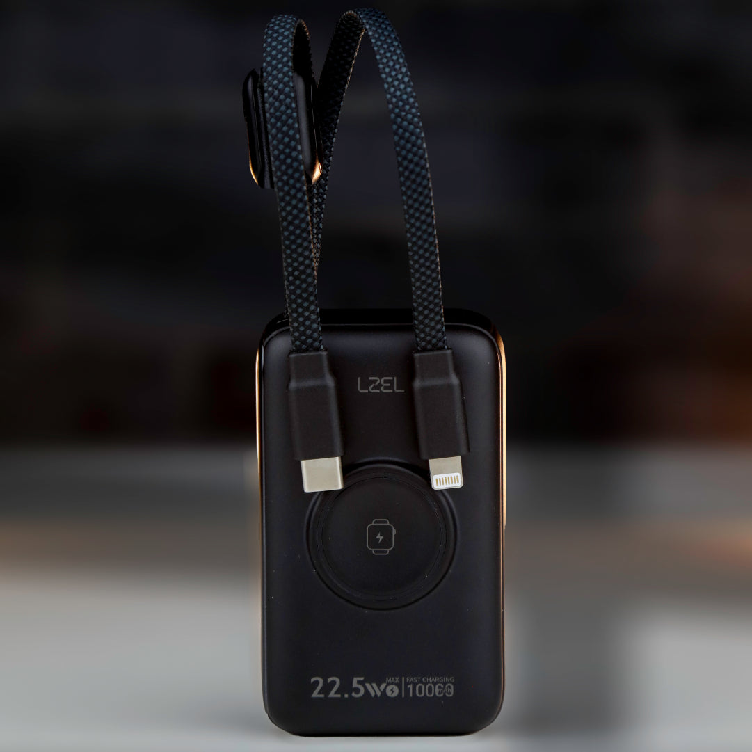 باور بانك LZEL Ampflow10 Mini – سعة 10000 مللي أمبير | شحن سريع 22.5 واط | كابلات مدمجة Type-C و Lightning | شحن لاسلكي