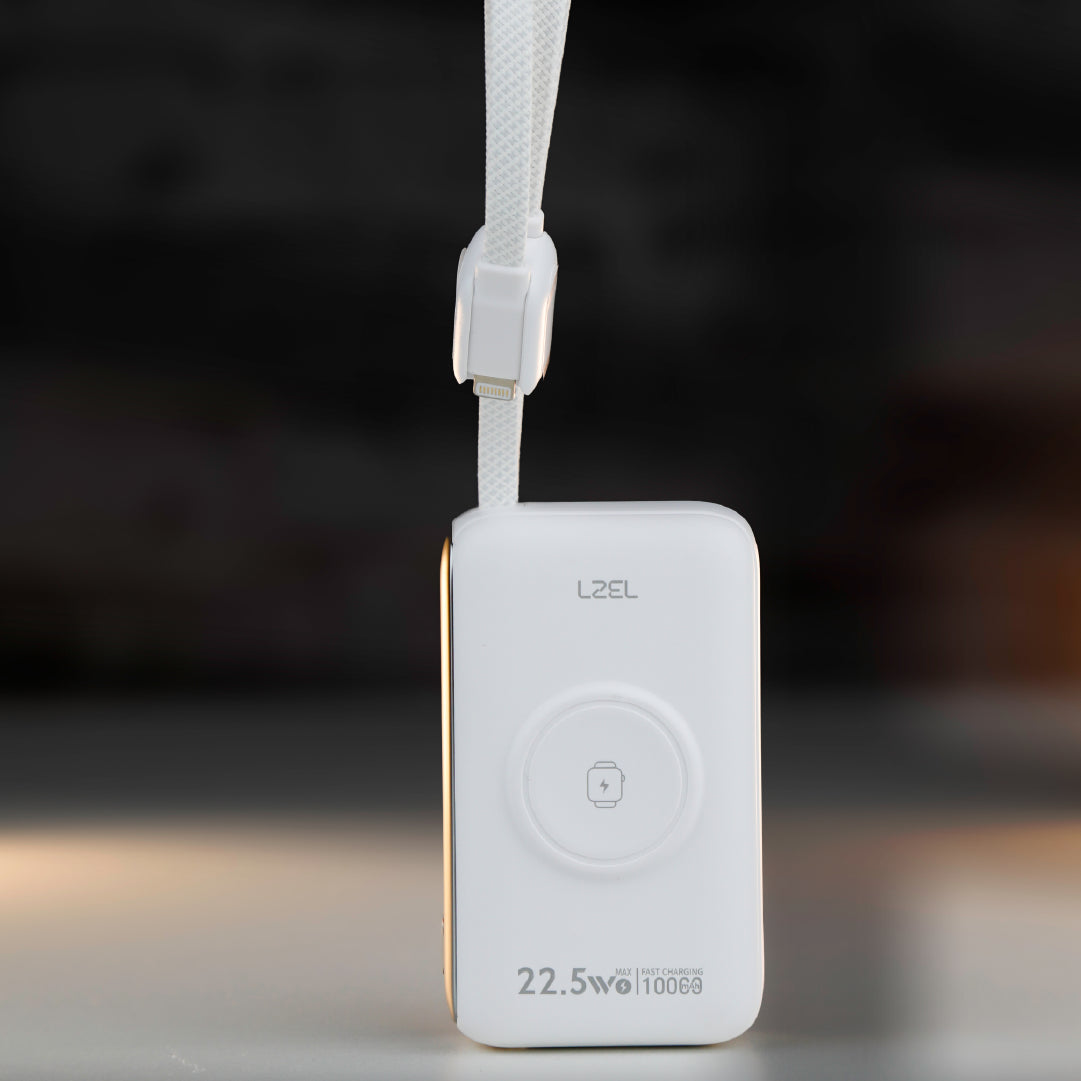 باور بانك LZEL Ampflow10 Mini – سعة 10000 مللي أمبير | شحن سريع 22.5 واط | كابلات مدمجة Type-C و Lightning | شحن لاسلكي