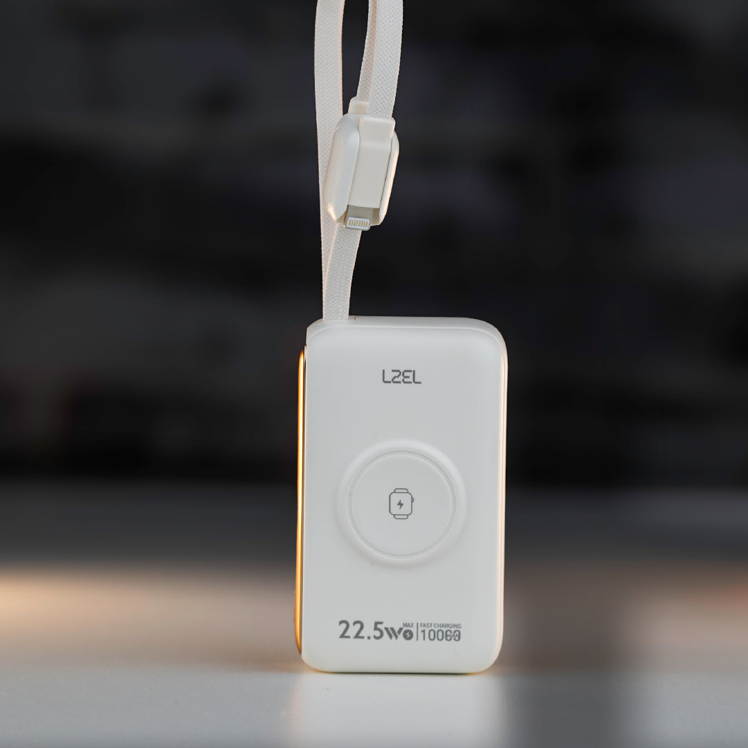 باور بانك LZEL Ampflow10 Mini – سعة 10000 مللي أمبير | شحن سريع 22.5 واط | كابلات مدمجة Type-C و Lightning | شحن لاسلكي