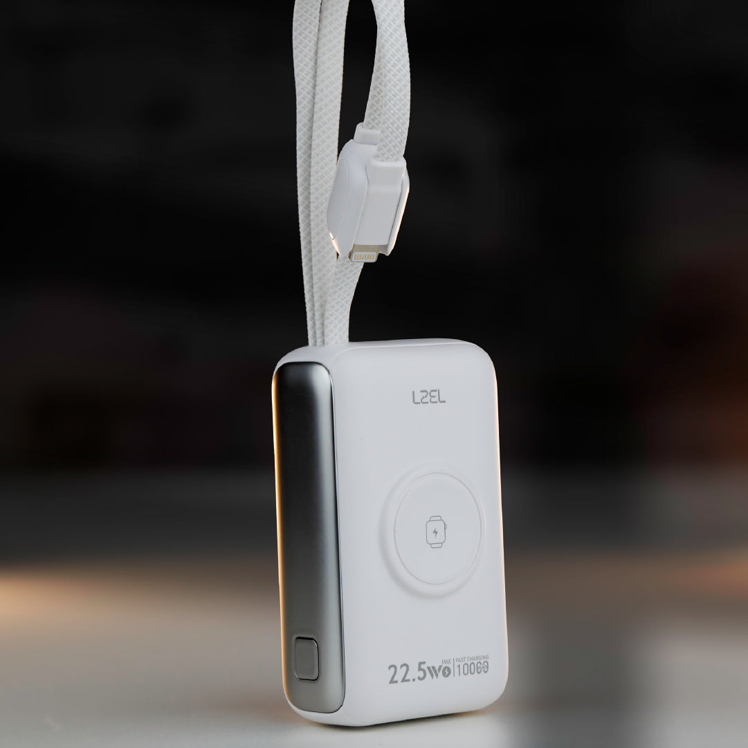 باور بانك LZEL Ampflow10 Mini – سعة 10000 مللي أمبير | شحن سريع 22.5 واط | كابلات مدمجة Type-C و Lightning | شحن لاسلكي