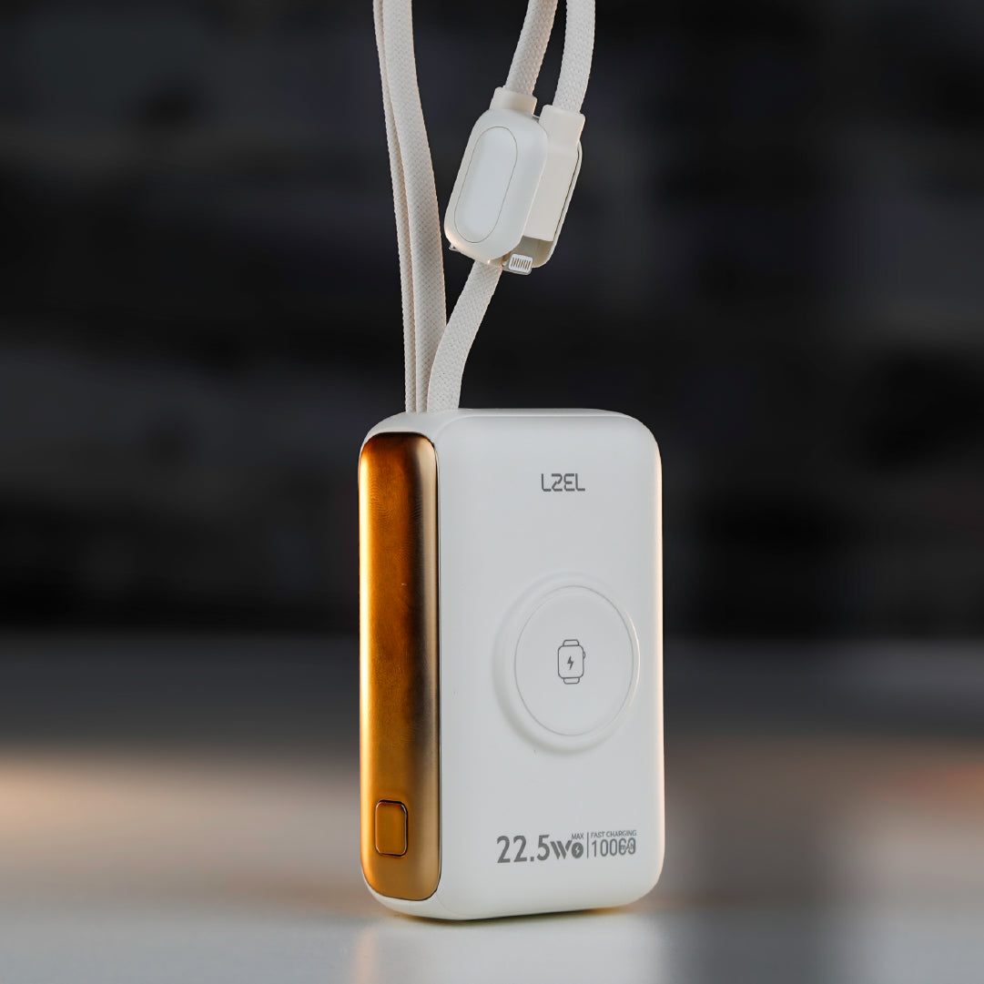 باور بانك LZEL Ampflow10 Mini – سعة 10000 مللي أمبير | شحن سريع 22.5 واط | كابلات مدمجة Type-C و Lightning | شحن لاسلكي
