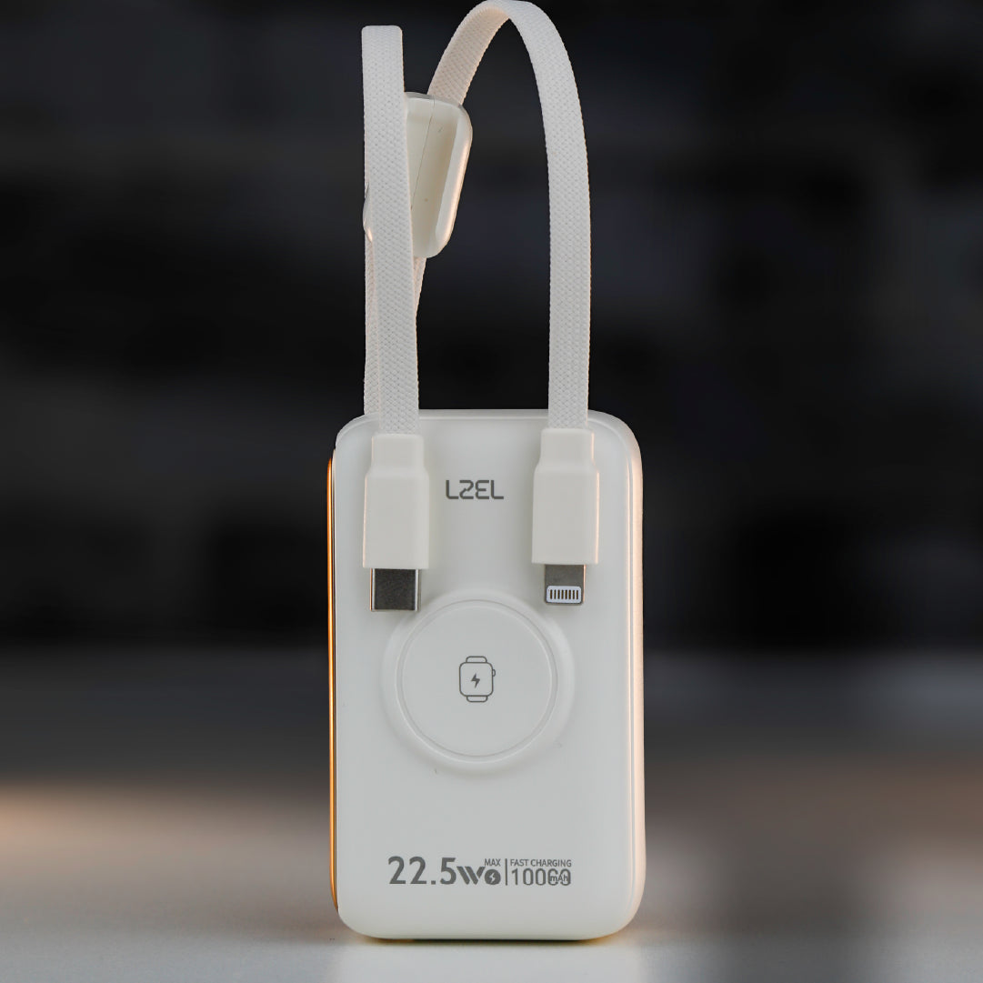 باور بانك LZEL Ampflow10 Mini – سعة 10000 مللي أمبير | شحن سريع 22.5 واط | كابلات مدمجة Type-C و Lightning | شحن لاسلكي