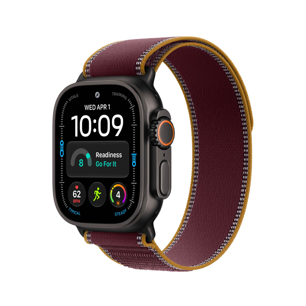 ساعة Apple Watch Ultra 4 GPS + Cellular مقاس 49 مم - تيتانيوم أسود مع سوار Trail Loop عنابي | M/L