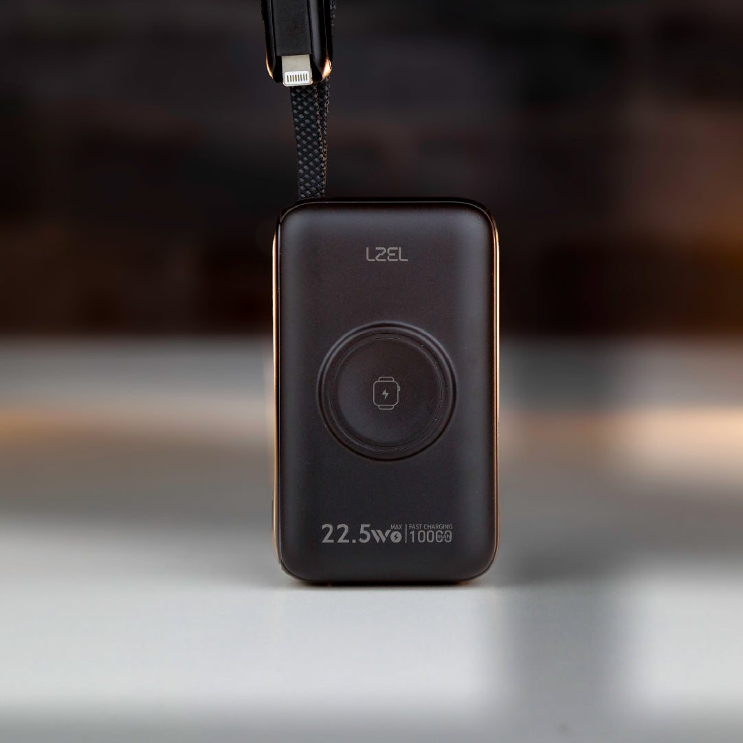 باور بانك LZEL Ampflow10 Mini – سعة 10000 مللي أمبير | شحن سريع 22.5 واط | كابلات مدمجة Type-C و Lightning | شحن لاسلكي