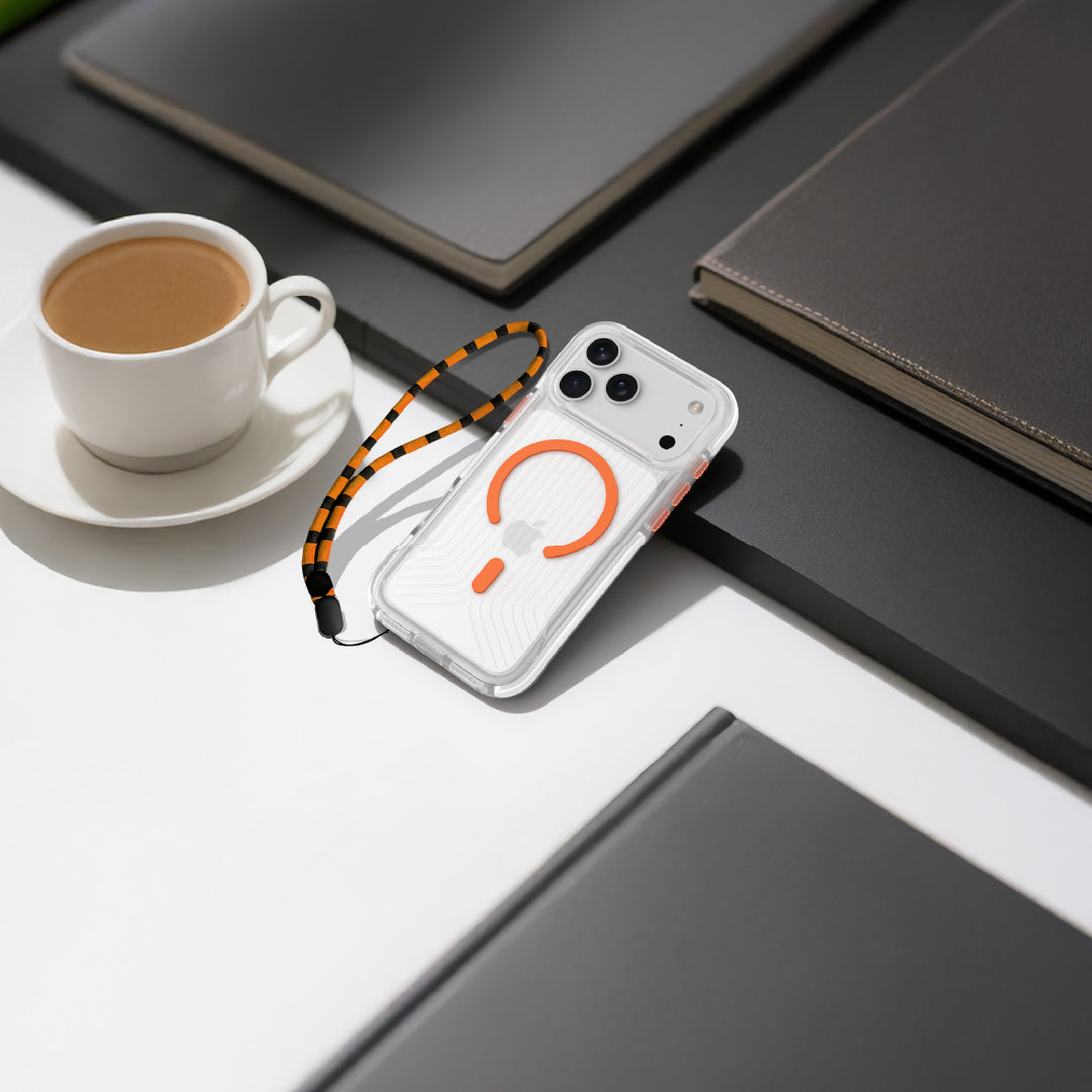 Asli Global LanyardMag MagSafe Case for iPhone 17 Pro Max – Built-In Lanyard | Clear/Orange