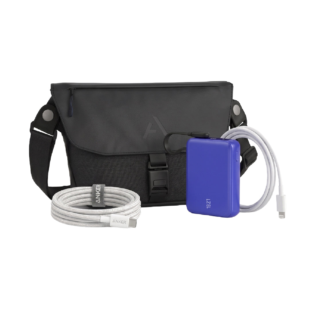 باندل | باور بانك PD سريع الشحن + كيبل Apple USB-C to Lightning + حقيبة Asli Global X Crossbody + كيبل Anker USB-C to USB-C مجدول