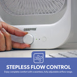 Geepas 8” Rechargeable Fan with LED Light – 2-Speed Powerful Airflow, Built-in Battery Backup, Portable Design, Adjustable Tilt
