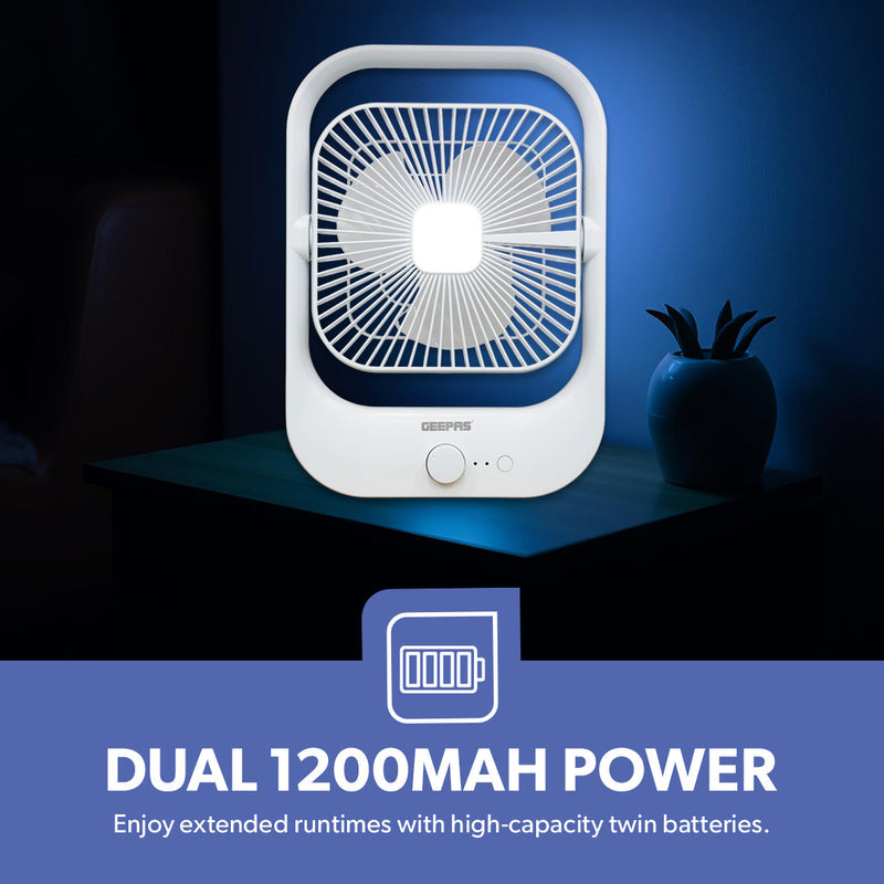 Geepas 8” Rechargeable Fan with LED Light – 2-Speed Powerful Airflow, Built-in Battery Backup, Portable Design, Adjustable Tilt