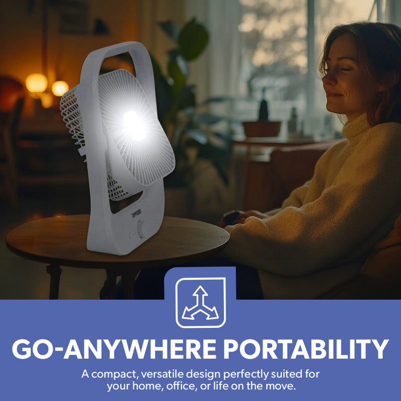 Geepas 8” Rechargeable Fan with LED Light – 2-Speed Powerful Airflow, Built-in Battery Backup, Portable Design, Adjustable Tilt