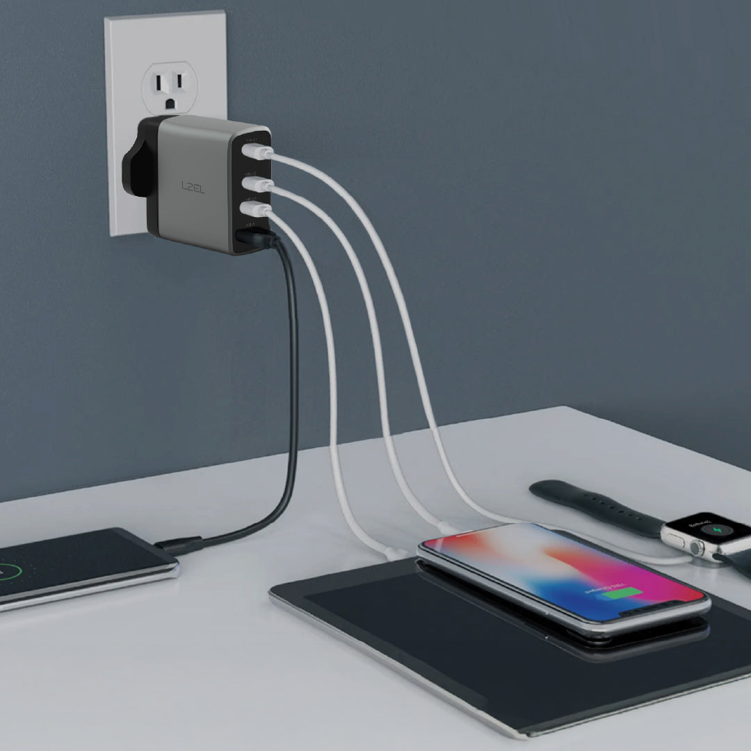 شاحن حائط فائق السرعة من ليزل بقوة 100 واط بأربع منافذ USB بتقنية GaN