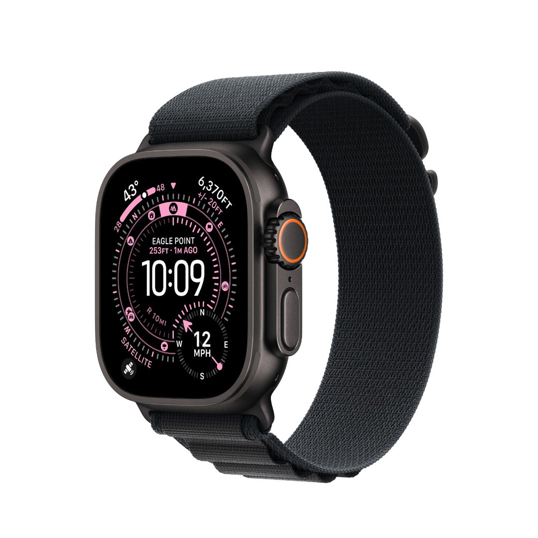ساعة آبل واتش ألترا 3 (2025) GPS + Cellular، مقاس 49 ملم - بهيكل من التيتانيوم الأسود - وسوار Alpine Loop أسود | L