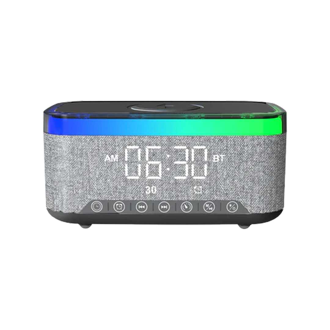 LZEL SonicGlow Wake Multifunctional Speaker – Alarm Clock & Wireless Charging Dock | Bamboo/Gray