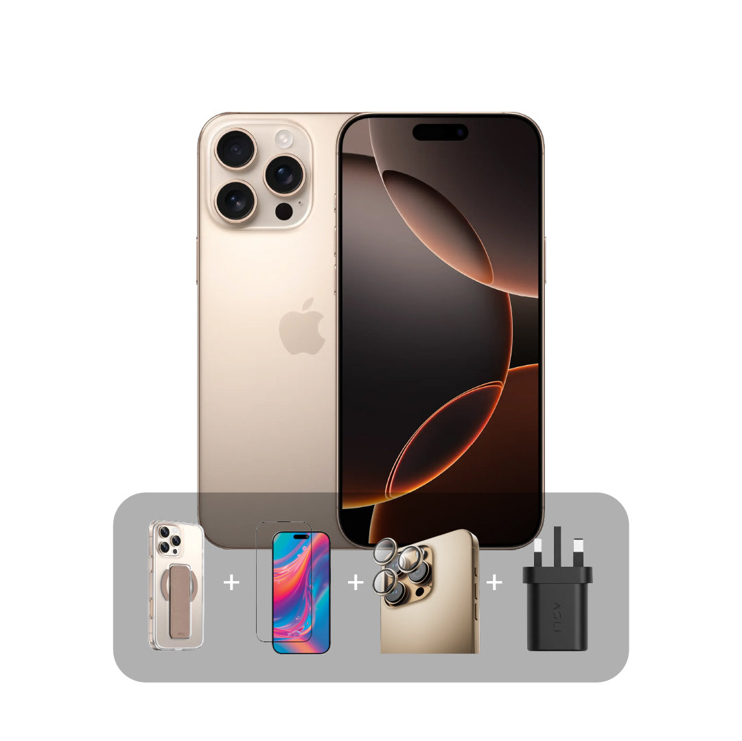 أبل آيفون 16 برو ماكس 256 جيجابايت 6.9 بوصة + عرض الباندل | تيتانيوم صحراوي (نسخة الشرق الأوسط)