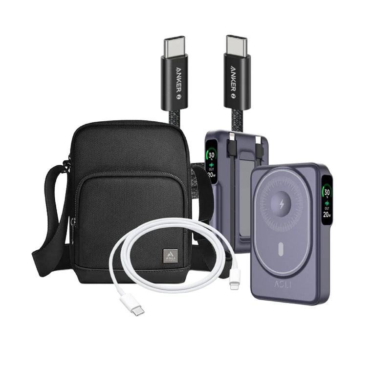 Charging & Travel Essentials Bundle: Anker USB-C 240W Cable, Apple USB-C to Lightning Cable, Asli Global 10000mAh Wireless Power Bank, and Asli Hali Crossbody Travel Bag