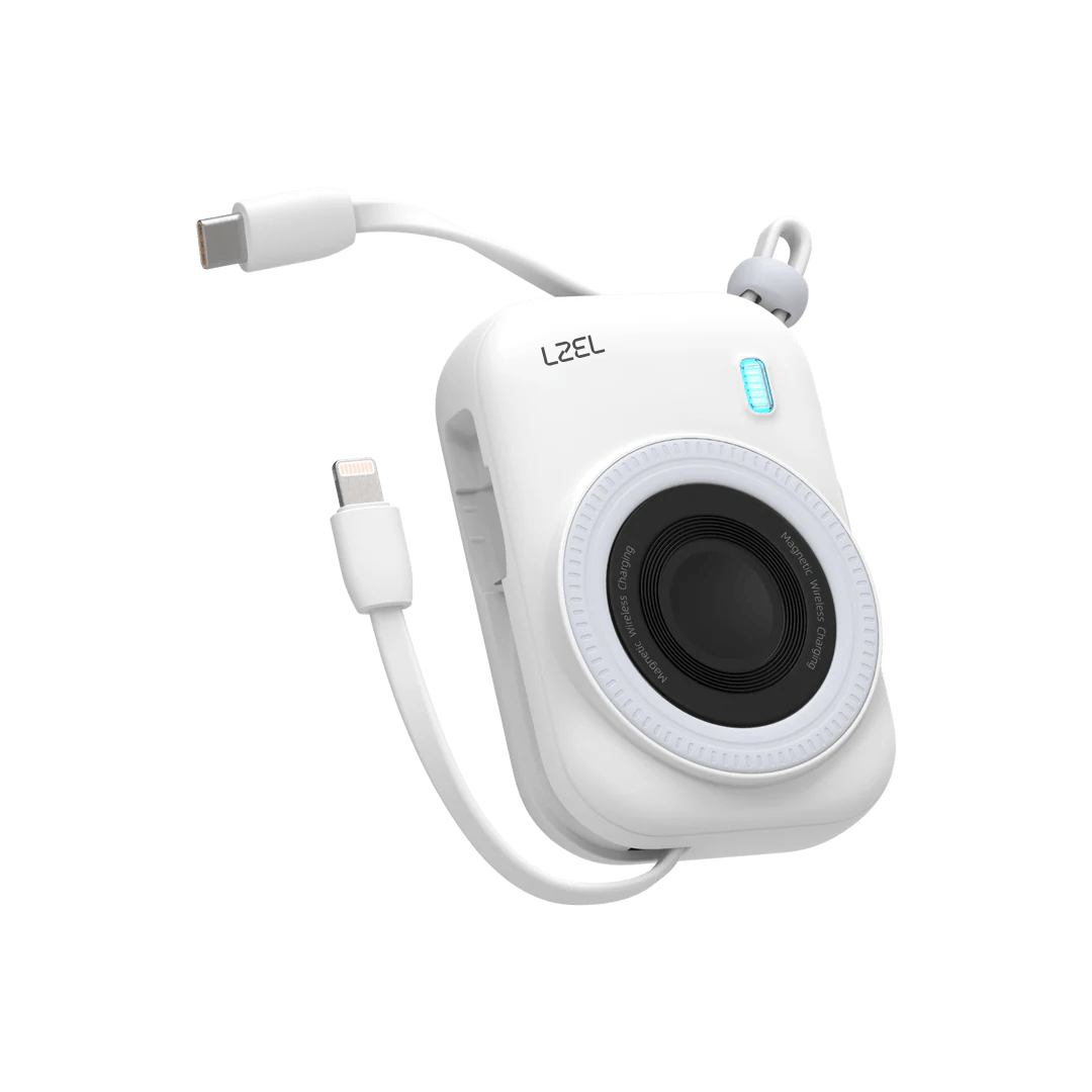 LZEL NanoFlex Nova – 10,000mAh Magnetic Power Bank with USB-C PD & Built-in Cable | White