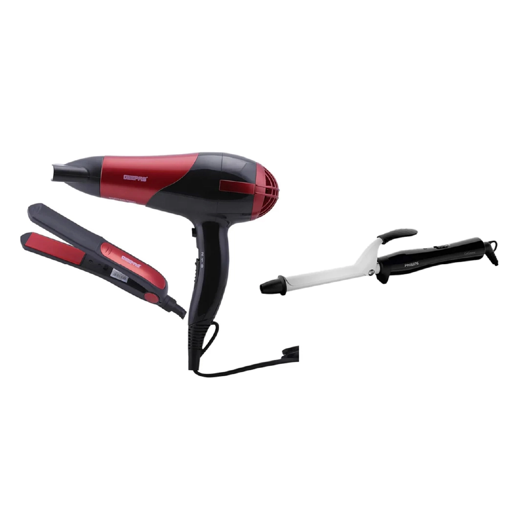 Eid Bundle - Philips 40W Hair Curler (16mm, Heat Protection) + Geepas Hair Dryer & Ceramic Straightener Combo