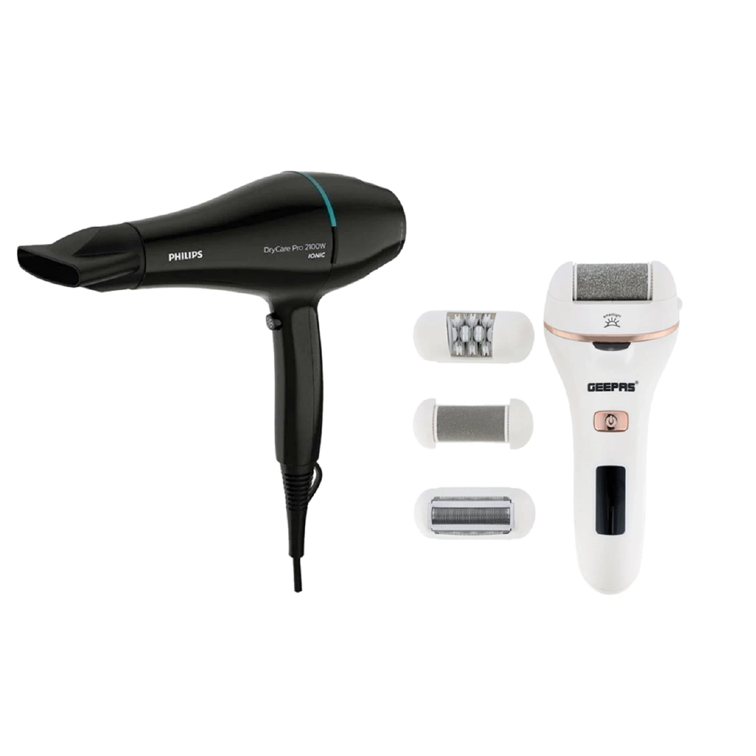 Eid Bundle - Philips 2100W Professional Hair Dryer (Heat Protection, Ionic Care, 6 Settings) + Geepas 4-in-1 Rechargeable Ladies Epilator Set (Shaver, Epilator, Callus Remover, LED Display)