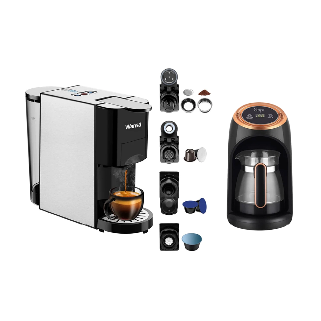 Eid Bundle - Emjoi 300ml Digital Glass Turkish Coffee Maker + Wansa 5-in-1 Espresso Machine (Nespresso/Dolce Gusto/Ground Pods, 19 Bar)