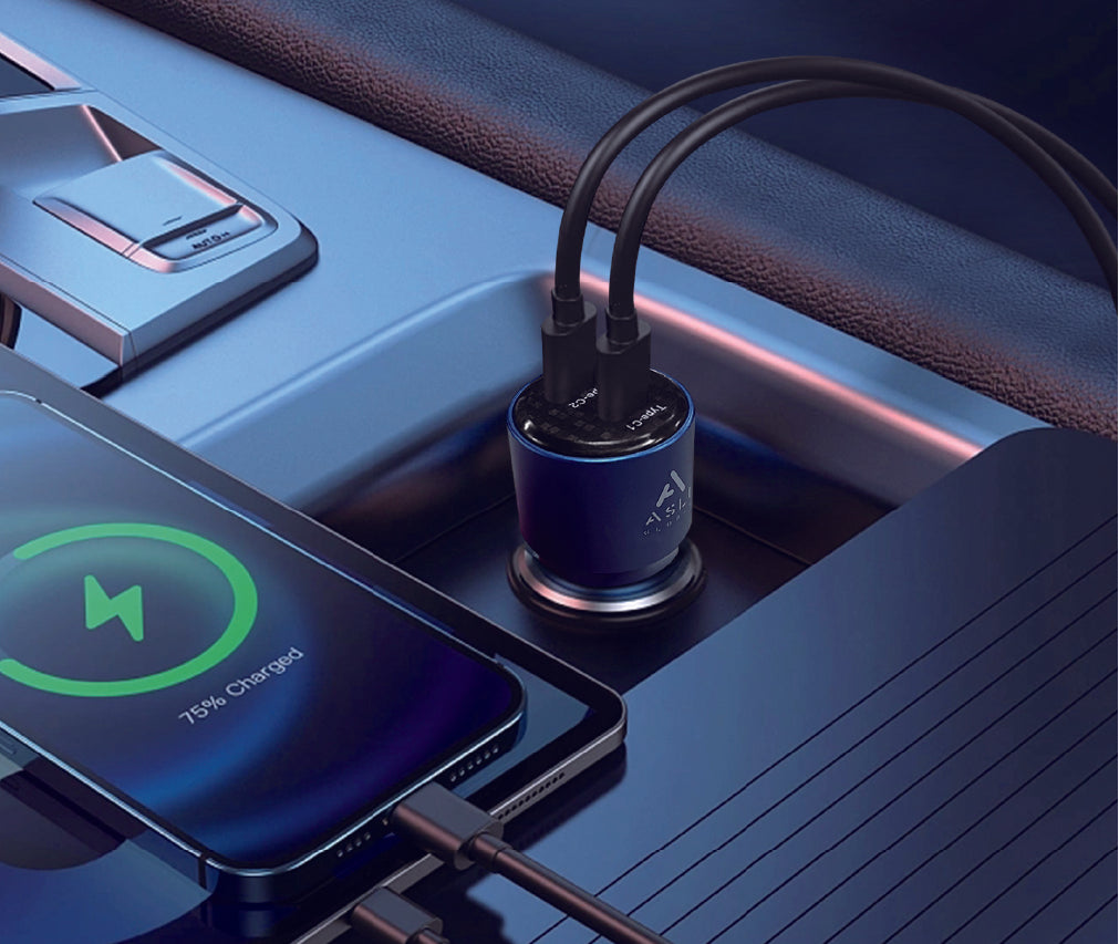 شاحن للسيارة Power Ride Pro من أسلي جلوبال بمخرجين USB-C بقوة 90 واط| رمادي 